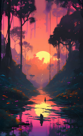 A picture of a jungle sunset over a river in orange and red colors. AI generation, generation, AI, generated, generated AI, generative AI, generative.の素材