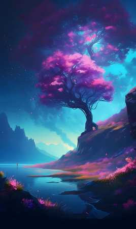 A purple tree perched on top of a lush green slope by the lake. AI generation, generation, AI, generated, generated AI, generative AI, generative.の素材