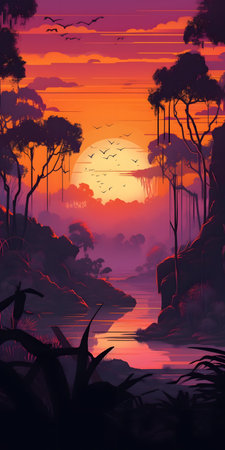 A picture of a jungle sunset over a river in orange and red colors. AI generation, generation, AI, generated, generated AI, generative AI, generative.の素材