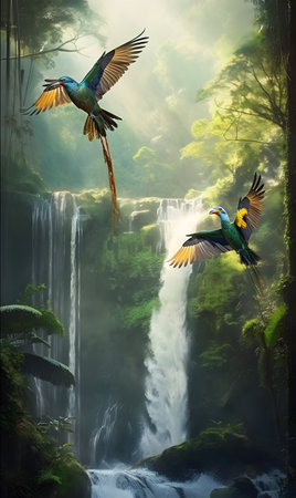 a pair of macaws flying over a lush green rainforest and a waterfall. AI generation, generation, AI, generated, generated AI, generative AI, generative.の素材