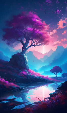 A purple tree perched on top of a lush green slope by the lake. AI generation, generation, AI, generated, generated AI, generative AI, generative.の素材