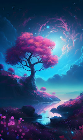 A purple tree perched on top of a lush green slope by the lake. AI generation, generation, AI, generated, generated AI, generative AI, generative.の素材