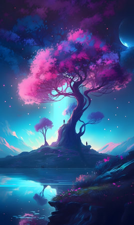 A purple tree perched on top of a lush green slope by the lake. AI generation, generation, AI, generated, generated AI, generative AI, generative.の素材