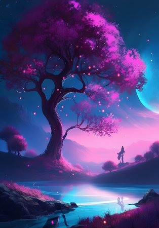 A purple tree perched on top of a lush green slope by the lake. AI generation, generation, AI, generated, generated AI, generative AI, generative.の素材