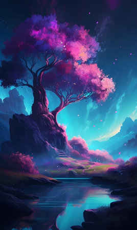A purple tree perched on top of a lush green slope by the lake. AI generation, generation, AI, generated, generated AI, generative AI, generative.の素材