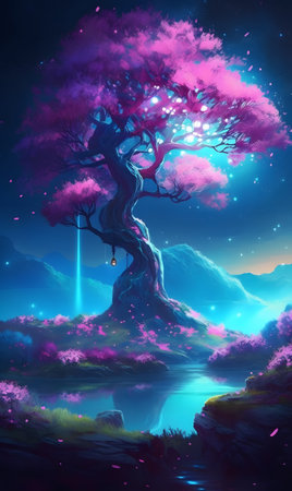 A purple tree perched on top of a lush green slope by the lake. AI generation, generation, AI, generated, generated AI, generative AI, generative.の素材
