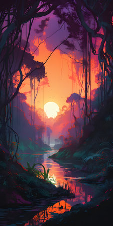 A picture of a jungle sunset over a river in orange and red colors. AI generation, generation, AI, generated, generated AI, generative AI, generative.の素材