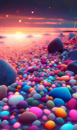 A beach with many colored stones glowing at sunset. AI generation, generation, AI, generated, generated AI, generative AI, generative.の素材