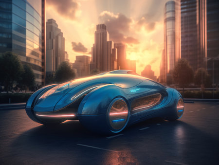3D rendering of a futuristic concept car in the city at sunsetの素材