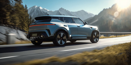 3D rendering of a brand-less generic SUV driving on a highwayの素材