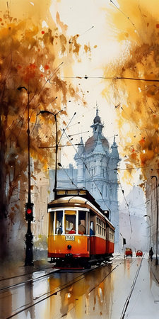 Digital painting of a tram in the city of Lisbon, Portugal.の素材