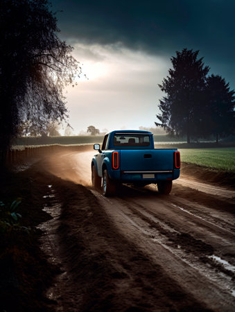 Racing car on a dirt road in the countryside in the eveningの素材