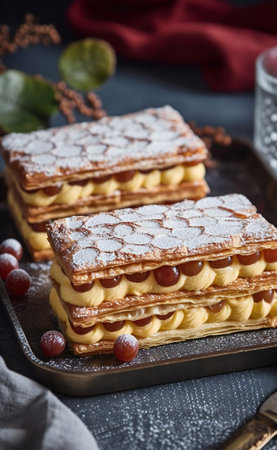 Belgian waffles with cherries and powdered sugar on a dark backgroundの素材