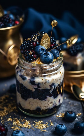 Chia seed pudding with blueberries and blackberries in a glass jarの素材
