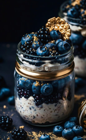 Healthy breakfast. Chia pudding with blueberries and granola in a jar, selective focus.の素材