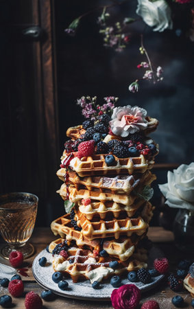 Homemade belgian waffles with fresh berries on a wooden tableの素材