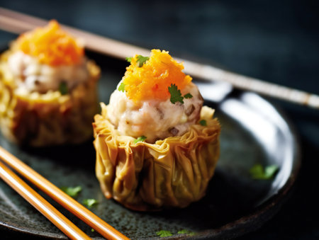 Chinese steamed dumplings stuffed with minced pork, shrimp and vegetablesの素材