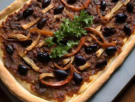 Pizza with black beans and cheese on a plate, close-upの素材