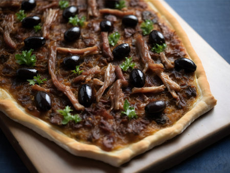 Pizza with meat and black olives on a dark background.の素材