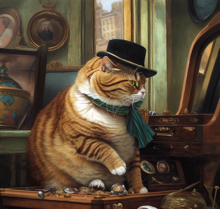 The red cat in a hat and a green bow tie sits on a chest of drawers.の素材