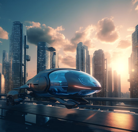 A futuristic flying vehicle in the middle of a city a 3D render AI, generated, generativ, AI generated, AI generativ,の素材