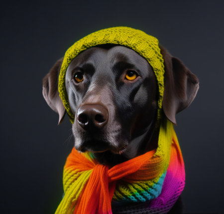 Studio portrait of a chocolate labrador wearing a colorful scarf and hatの素材