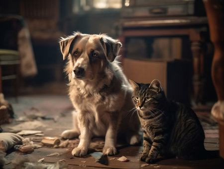 Cat and dog in the living room. Selective focus. Toned.の素材