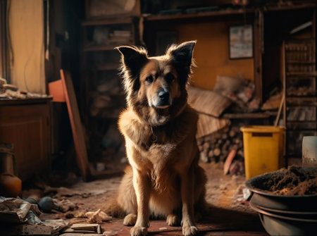 Homeless dog sitting in an abandoned house. Concept of domestic violence and abuse.の素材