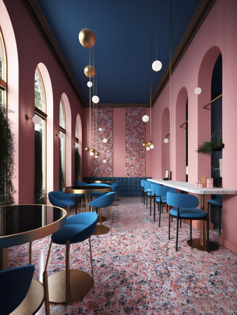 Interior of modern cafe with pink walls and blue and red walls. 3d renderingの素材