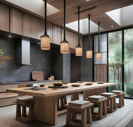 Interior of modern kitchen with black and wooden walls, wooden floor, gray countertops and wooden cupboards. 3d renderingの素材