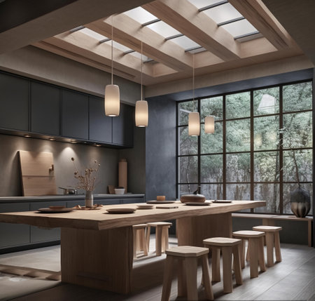 Interior of modern kitchen with gray walls, wooden floor, gray countertops and wooden cupboards. 3d renderingの素材