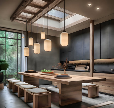Interior of modern kitchen with black walls, wooden floor, gray countertops with built in sink and cooker. 3d renderingの素材