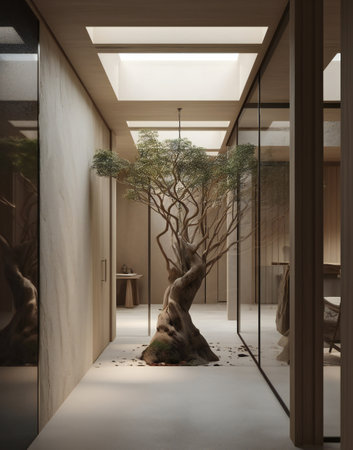 Interior of a modern office building with a tree in the foregroundの素材