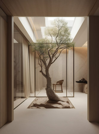 3d render interior of a modern living room with a tree in a potの素材