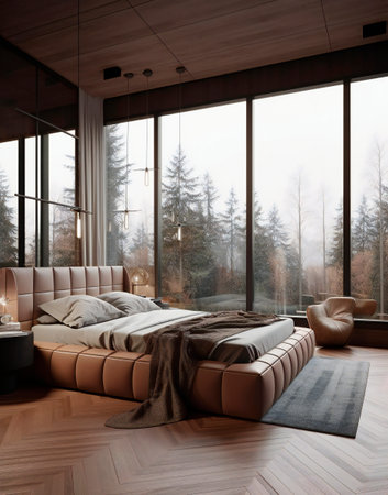 Luxury bedroom interior with a panoramic window overlooking the forest. 3d renderingの素材