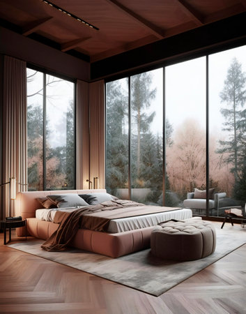 Luxury bedroom interior design with wooden floor, panoramic window and wooden wall. 3d renderingの素材