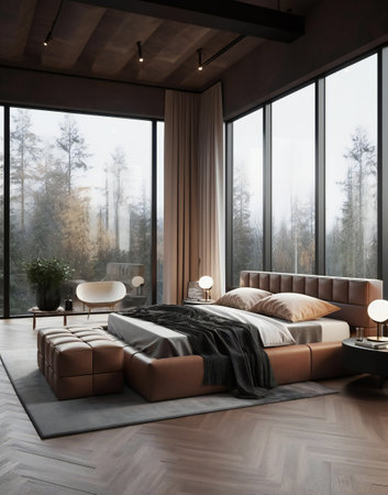 Luxury bedroom interior with panoramic window and wooden floor. 3D Renderingの素材