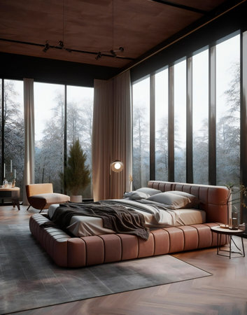 Modern bedroom interior design with brown leather sofa and coffee table in front of big windowの素材