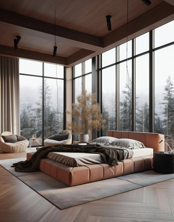 Interior of a modern bedroom with a panoramic window overlooking the winter forest. 3d renderingの素材