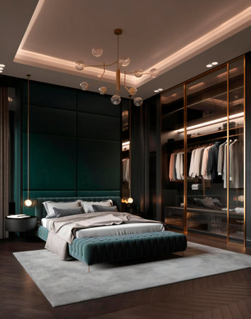 Luxury bedroom interior with bed and wardrobe. 3d renderの素材