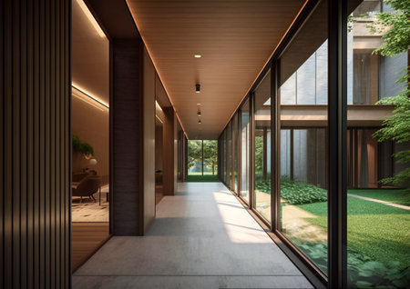 Modern office building interior. Perspective view of the corridor. 3d renderingの素材