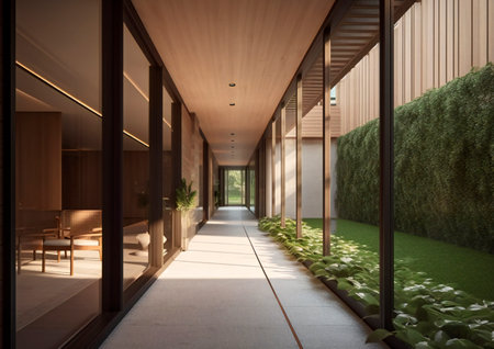 Interior of a modern villa with a garden. Nobody insideの素材