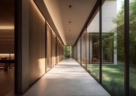 Interior of a modern villa, wide corridor with glass wallsの素材