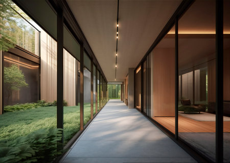 Interior of a modern villa with glass walls and wooden floorの素材