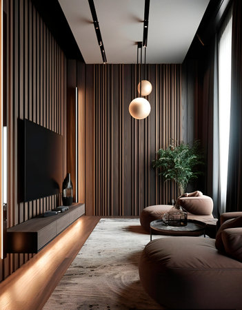 Interior of modern living room with wooden and black walls, concrete floor, brown sofa and coffee table. 3d renderingの素材