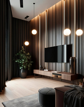 Interior of modern bedroom with dark wooden walls, wooden floor, comfortable black armchair, TV on the wall and decorative plants. 3d renderingの素材