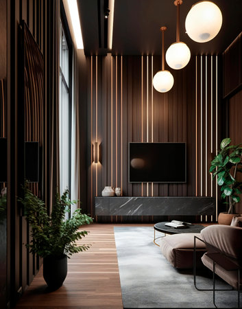 Interior of modern living room with wooden walls, carpet and wooden floor. 3d renderingの素材