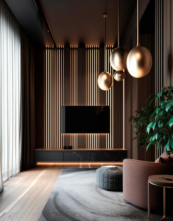 Interior of modern living room with black and brown walls, carpet, armchair and TV. 3d renderingの素材