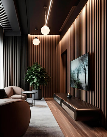 Interior of modern living room with wooden walls, concrete floor, brown sofa and round coffee table. 3d renderingの素材