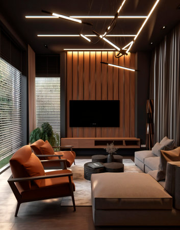 Modern living room interior design with tv screen. 3D rendering.の素材